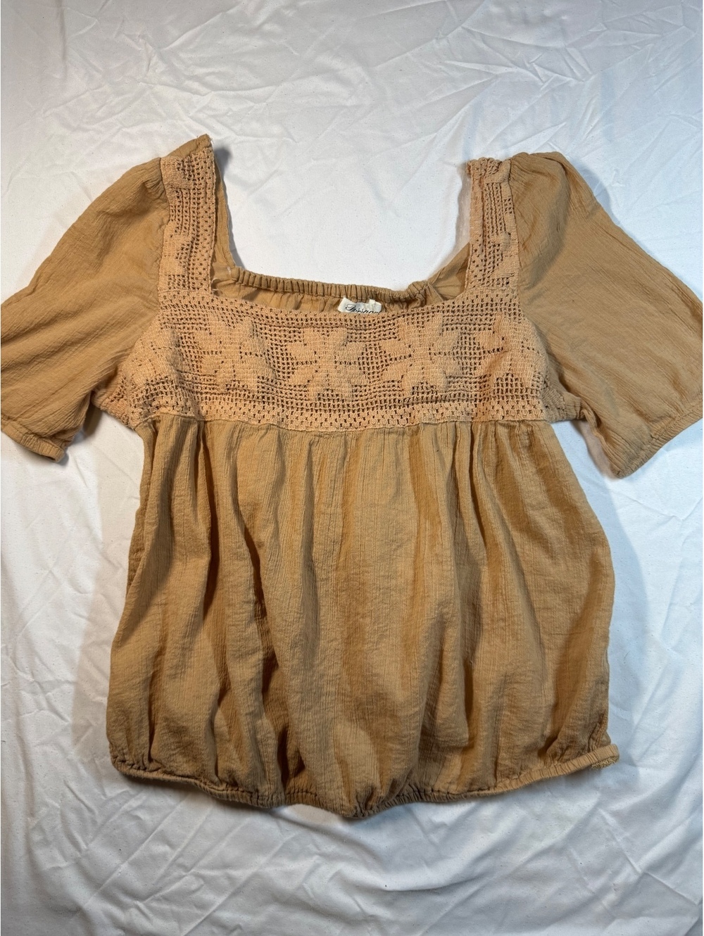 Passport Tan Cotton Gauze Crochet Lace Boho Blouse - Size 1X